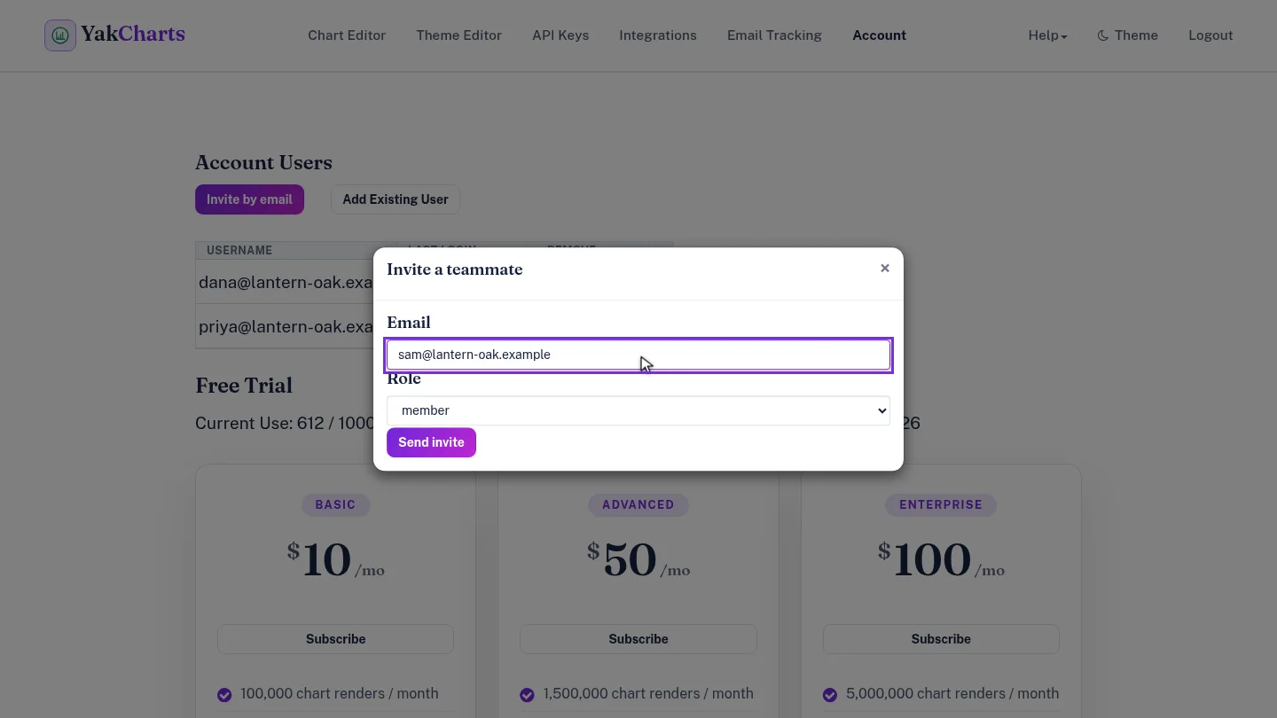 Invite a teammate dialog with an email address entered