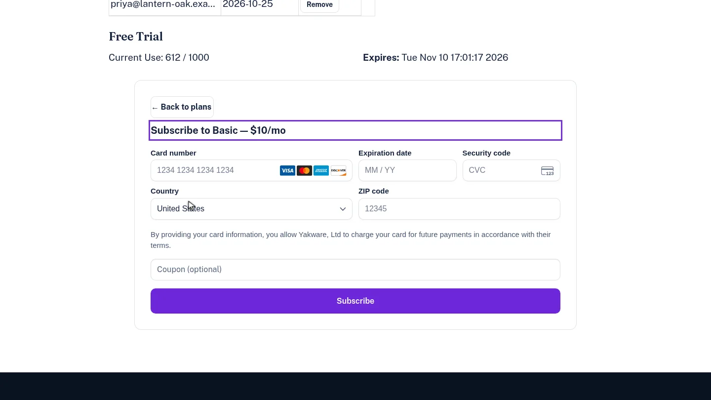 Checkout panel headed Subscribe to Basic with the card form